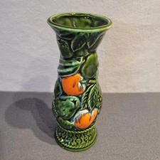 Vintage Japan Majolica 7" Green Ceramic Vase Orange Fruit Inarco Style MCM