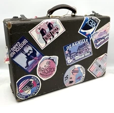 Mid 20th Century  Hardcase Suitcase with Various Travel Stickers 12x18”