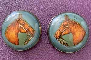Vntg Pair of Glass Domed Brass Horse Bridle Rosette Brooch Pins Horse Heads