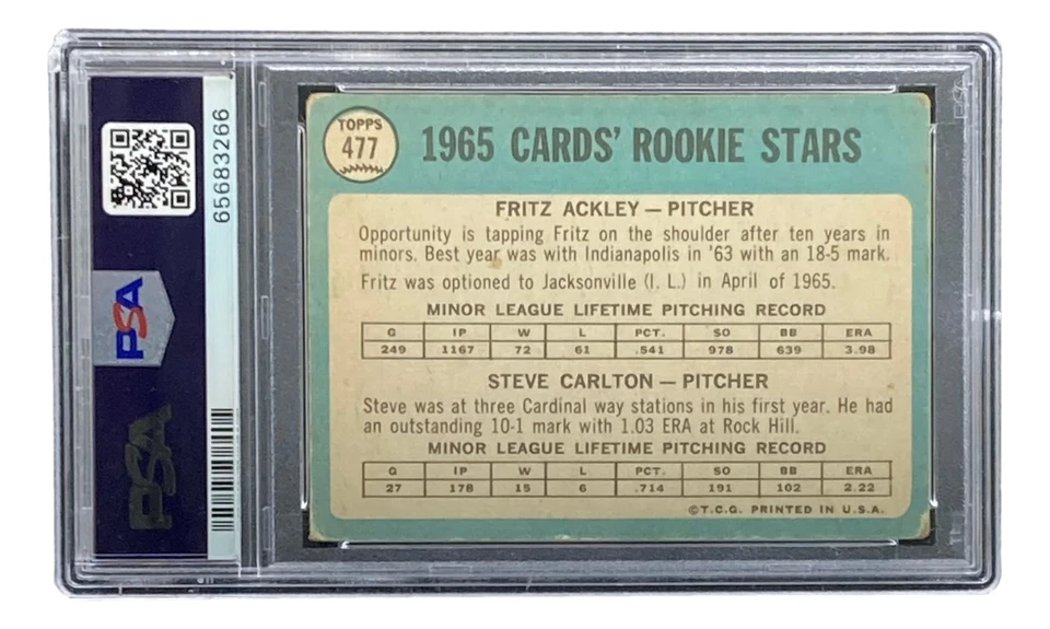Steve Carlton Signed Cardinals 1965 Topps #477 Rookie Card PSA/DNA VG 3 Auto 10 - Image 2 of 2