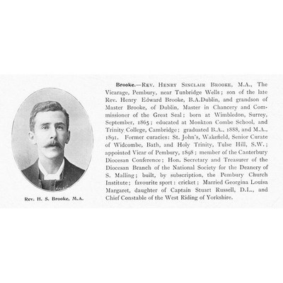 REV HENRY SINCLAIR BROOKE Vicar of Pembury, Tunbridge Wells - Antique Print 1904