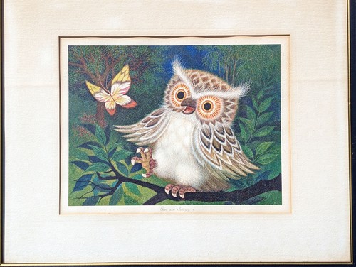 Rare Vtg Framed Signed K Chin Surrealist Psychedelic Owl & Butterfly Lithograph - Picture 10 of 16