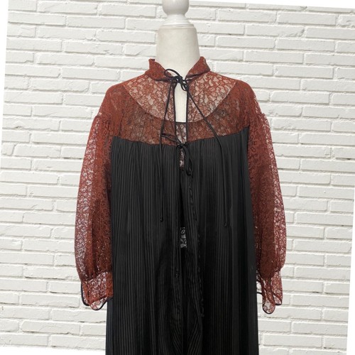 Vintage 40s Barbizon Peignoir Robe And Maxi Slip Set Black Pleated W Lace S - Picture 10 of 14