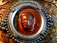 Vintage 3D Image of John Kennedy in Copper Unknown Language Belt Buckle