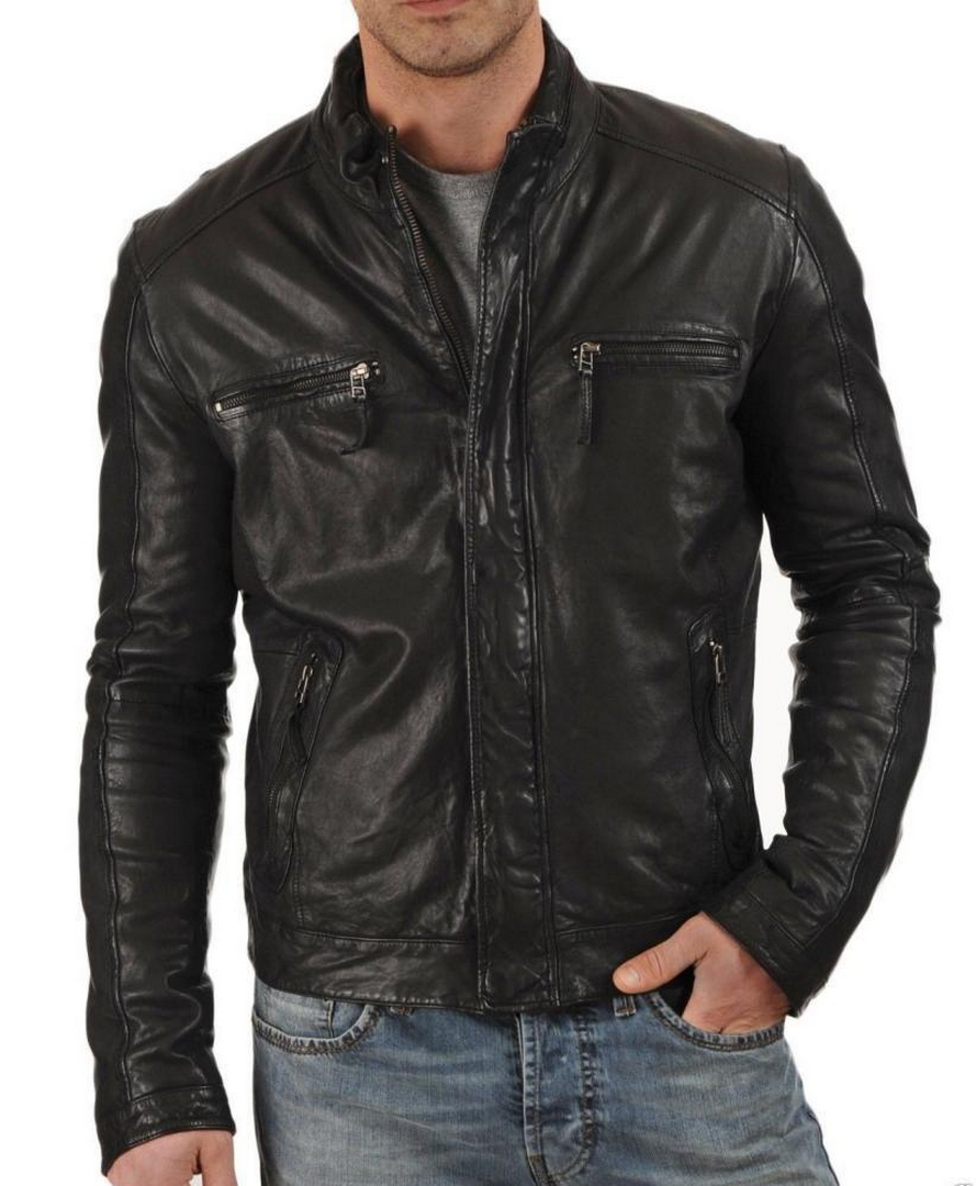Black Slim Fit Lambskin Leather Motorcycle Jacket with Zipper