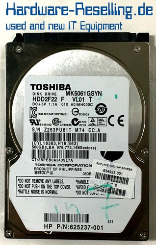 HP Toshiba 500GB 7.2K 2,5" SATA16MB cache MK5061GSYN 625237-001 634925-001