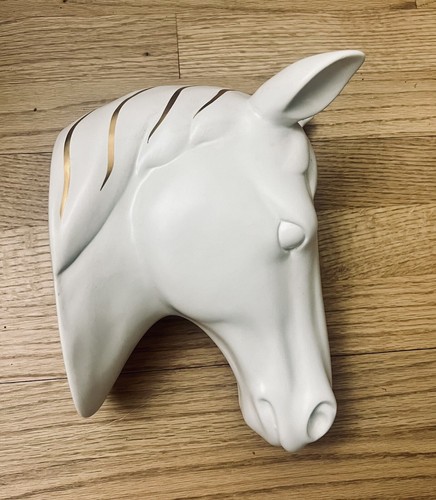 White Ceramic Horse Head Wall Mount Gold Mane Details Equestrian … Two Available - Picture 9 of 17