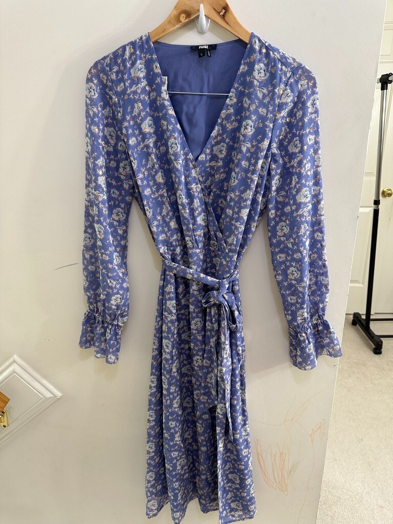 Paige Women's Long Sleeve Blue Purple V Neck Floral Wrap Midi Dress Size S  | eBay