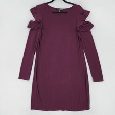 WHBM Dress Womens Medium Purple Cold Shoulder Ruffle Long Sleeve Stretch Knit