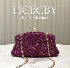 Elegant Purple Rhinestone Evening Bag Luxury Beaded Clutch Purse Gold Chain