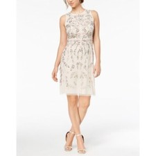 Adrianna Papell Beaded Blush Nude Sleeveless Size 4 S Dress Mesh Wedding 6653