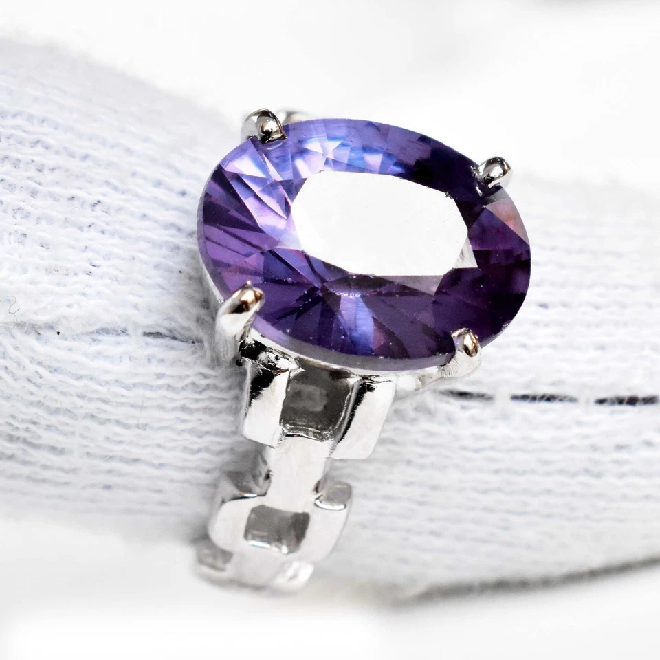 Anello in argento sterling 925 ovale multicolore alessandrite naturale da 7 c... - Immagine 3 di 4