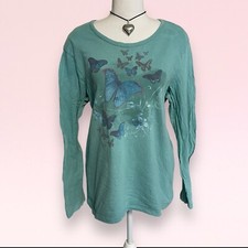 vintage y2k blue butterfly floral fairy boho cottage long-sleeve top XL flawed