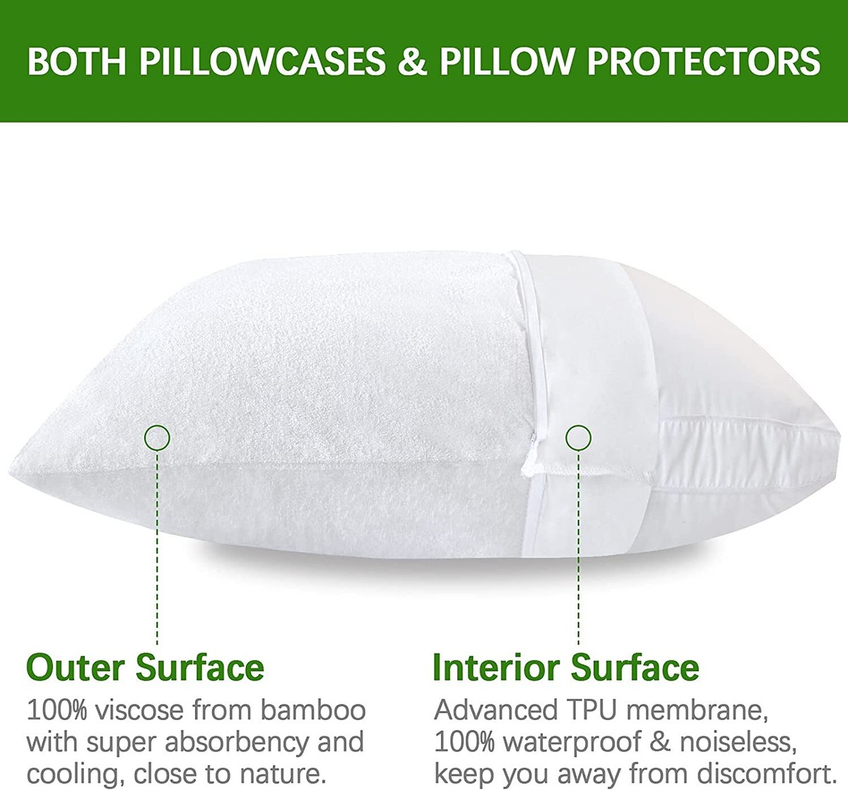 Waterproof Pillow Protector Queen Size Set Of 2 – Bamboo Terry Fabric, Noiseless, Breathable, Zippered Encasement