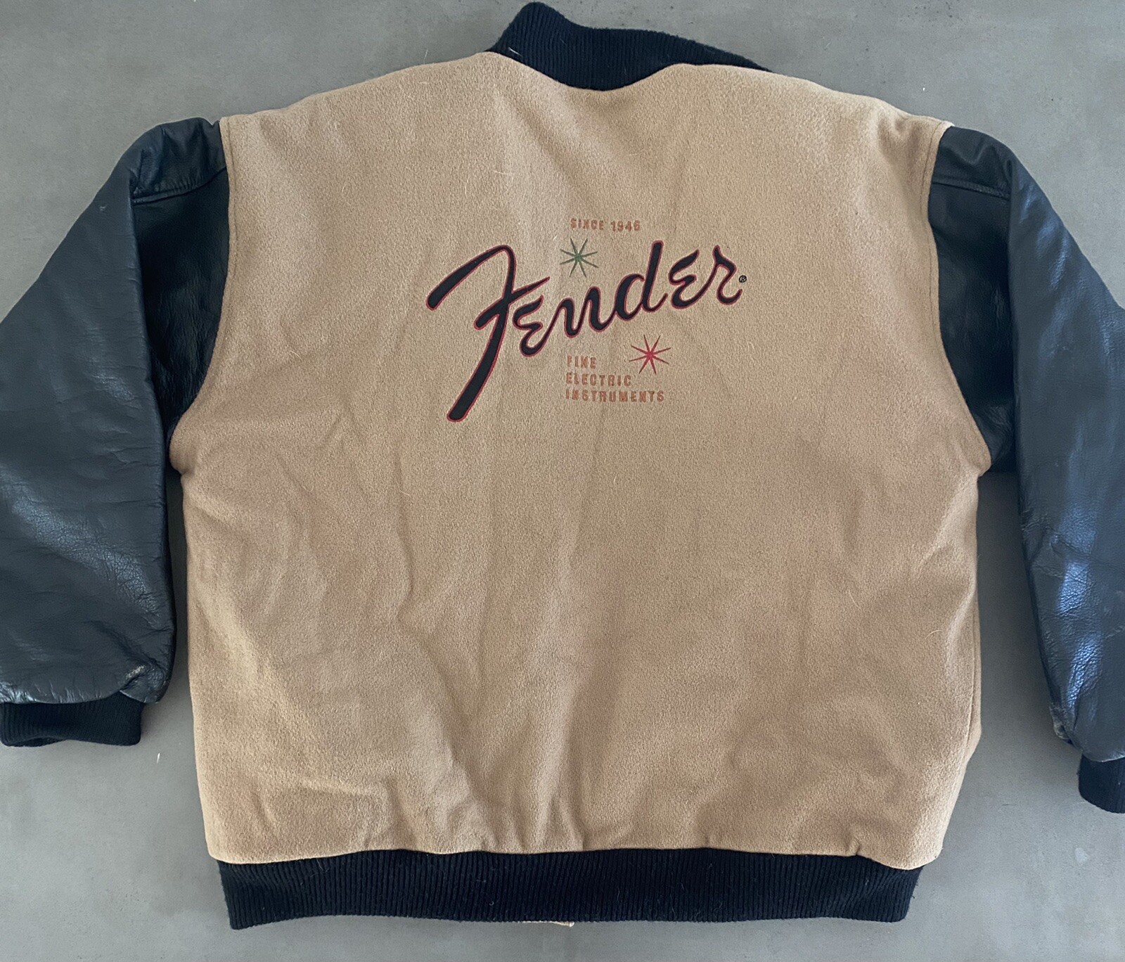 Vintage 1980s 90s Fender Guitar Leather Varsity Jacket Tan Brown Size