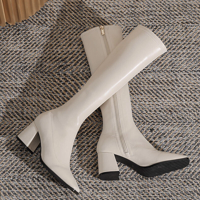 Mujeres Otoño Imitación Cuero Cremallera Lateral Puntera Cuadrada Tacones Medio Bloque Botas Hasta la Rodilla Foto 4 de 4
