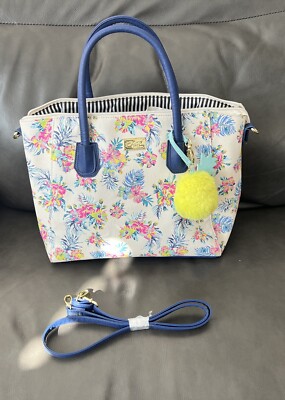 Luv Betsey Johnson Tropical Floral Pineapple Blue Yellow Floral Bag Purse 
