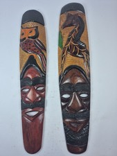 2 Hand Carved Wood Colorful Tribal Masks Hand Painted Wall Art 26 x 6