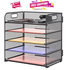 Sturdy 5-Tray Grey Mesh Paper Organizer with Handle - Perfect for Office & Home
