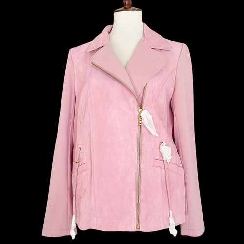 NWT IMAN Women's Pink Genuine Leather Motorcycle Jacket Size Medium - Picture 1 of 11