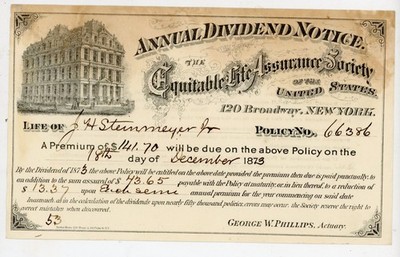 1873 Equitable Life Assurance Society Dividend Notice NY Engraving Steinmeyer