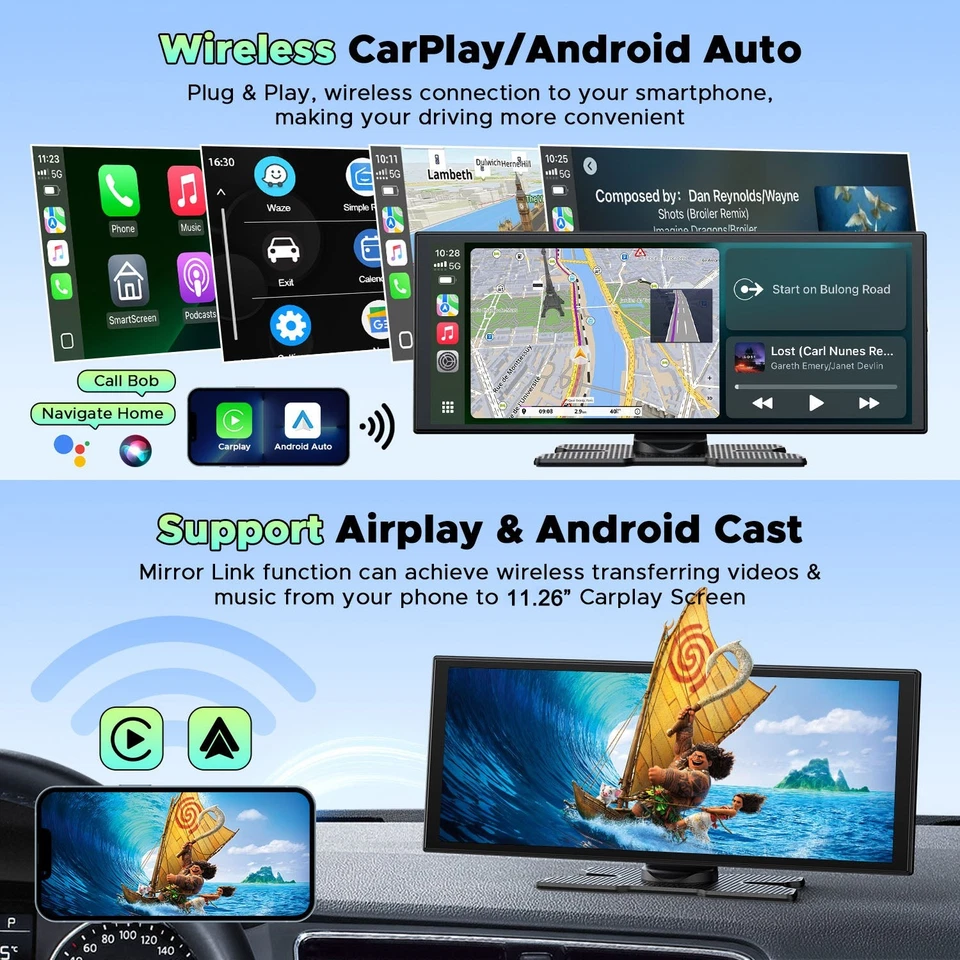 Pantalla Táctil 11.26" Inalámbrica Apple Carplay Portátil Coche Estéreo Android Automático Foto 3 de 4