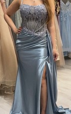 Damen Abendkleid lang blau/silber Spaghettitr...