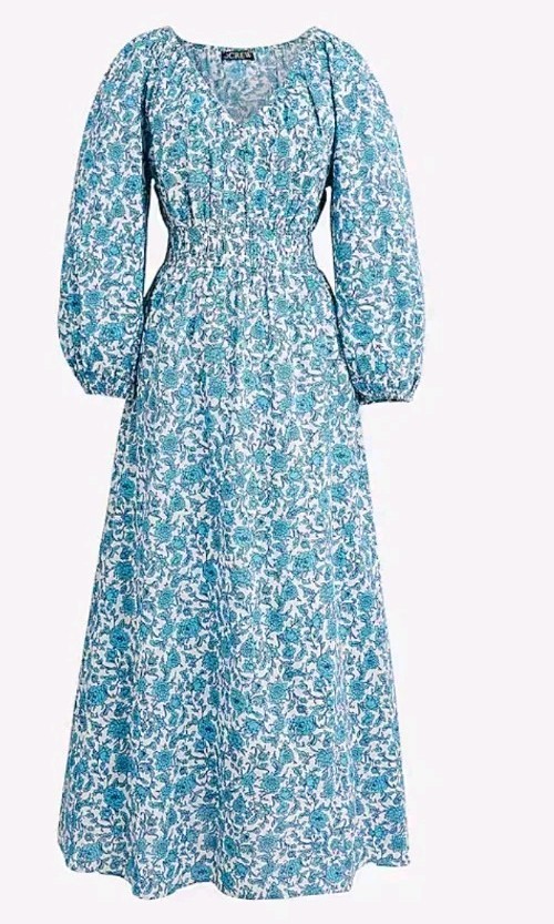 J Crew V-Neck Midi Dress Blue Blooms Blockprint Floral Size Small  Smocked NWT