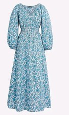 J Crew V-Neck Midi Dress Blue Blooms Blockprint Floral Size Small Smocked NWT