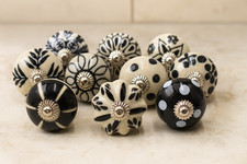 Ceramic Knobs Set of 6, Black White Patterned Cupboard Drawer Cabinet Pulls