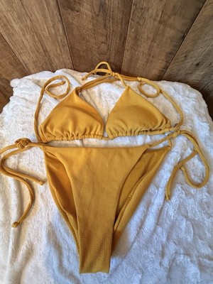 Primark mustard yellow triangle bikini two piece size M ribbed tie side set