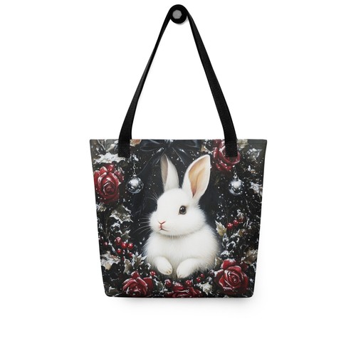 White Rabbit Christmas Tote Bag Cute Winter Bunny Wreath Holiday Shopping Bag - Picture 5 of 7