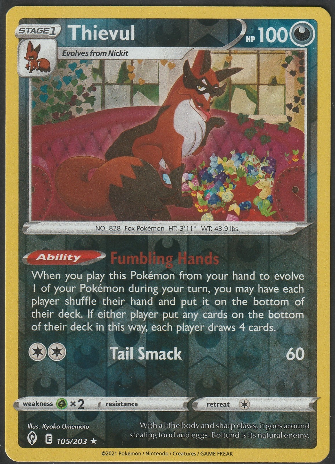 Pokemon - Thievul - 105/203 - Reverse Holo Rare - Evolving Skies - NM/M - New