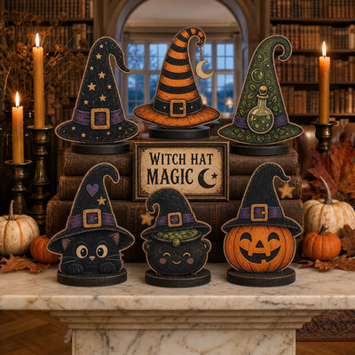 Witch Hat Magic Wooden Block Set, Halloween Shelf Decor, Spooky Gift