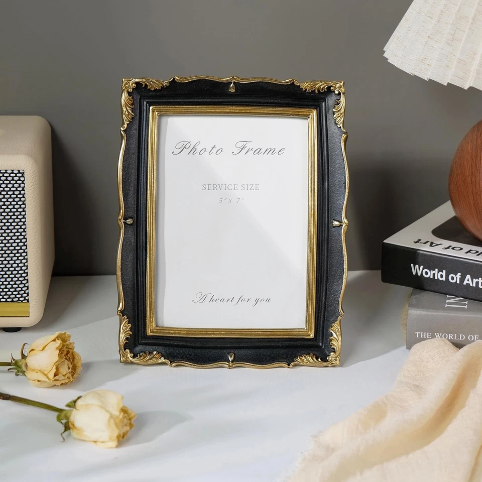 Marco de fotos Cuspin vintage 5x7 marco negro y dorado ornamentado texturizado a mano-cr... Foto 3 de 4