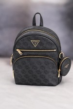 GUESS Mini Backpack Coal Logo Monogram Black Gold Hardware Coin Pouch Dust Bag