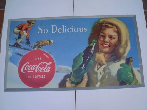 Vintage 'So Delicious' Coca-Cola Winter Themed Cardboard Sign - 20'' x 36''