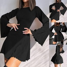 Womens Sexy Backless Lace Up Mini Dress Flared Long Sleeve Party Swing Dress
