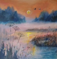 Drammatico paesaggio mattutino dipinto acrilico originale 24" × 24"