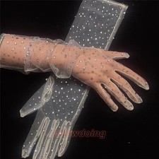 Women Bride Wedding Gloves Glitter Rhinestone Mid-Length Mesh Net Sheer Evening