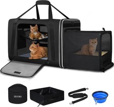 Side Expandable Extra Large Cat Carrier with Litter Box Area, 24"x17"x17" Sof...