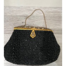 Vintage 1950's Black Beaded Evening Bag Gold Frame Faux Pearl Accent Clasp