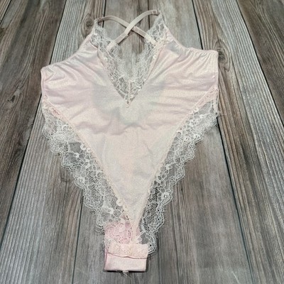 Fashion Nova Pink Teddy Bodysuit Women s  S/M Lace Trim Dainty Coquette Lace