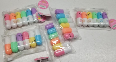 Lot of (5) X 6 Mini Pill Shaped Highlighter Pens Smile Face Graffiti Marker Pen
