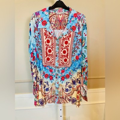 John Mark NWT 2X Blue Button Down Tunic Top Embroidered Floral Butterfly $129