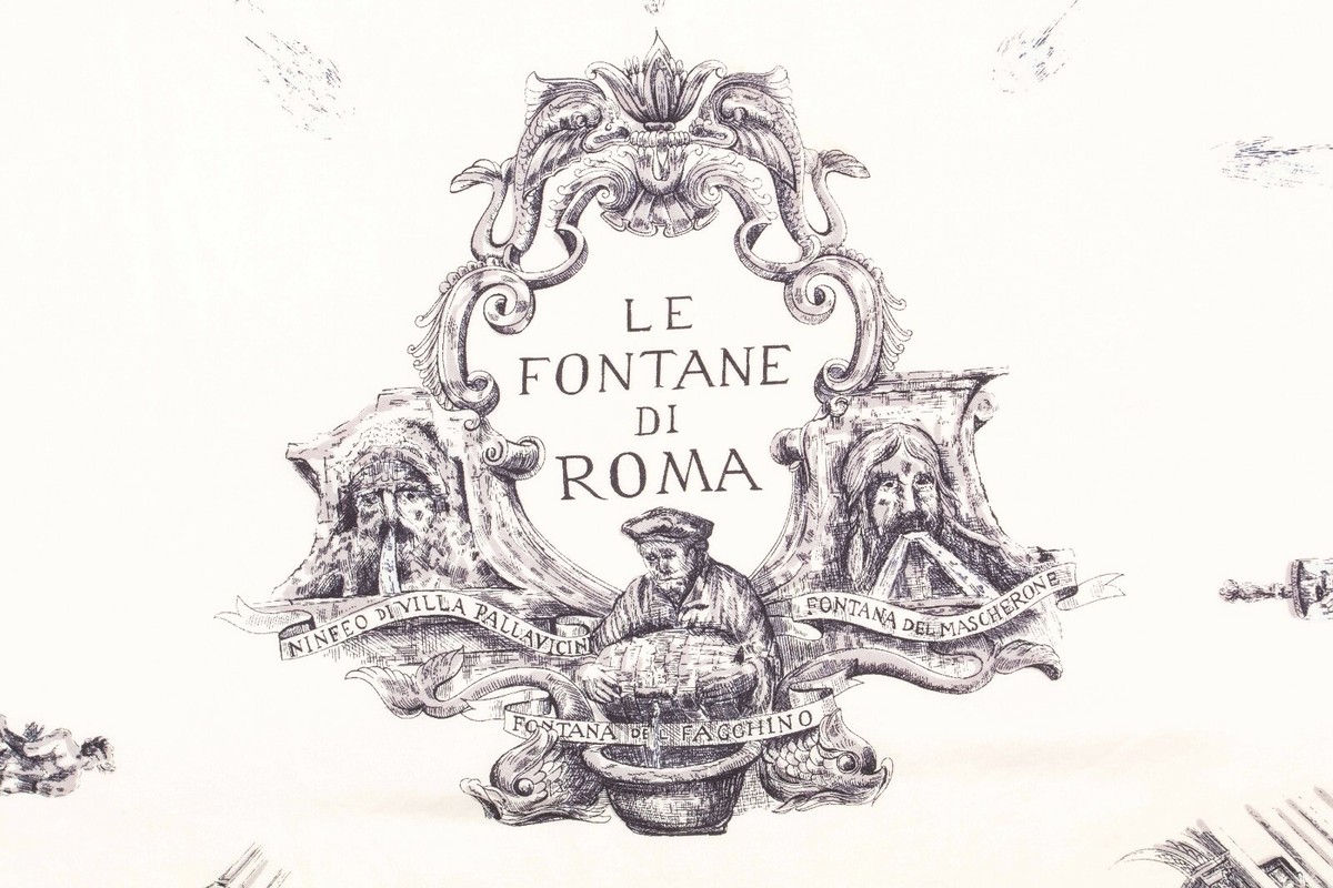 Foulard En Soie Carré Vintage - Motif Fontaine De Rome - Style Gavroche Noir Et Blanc