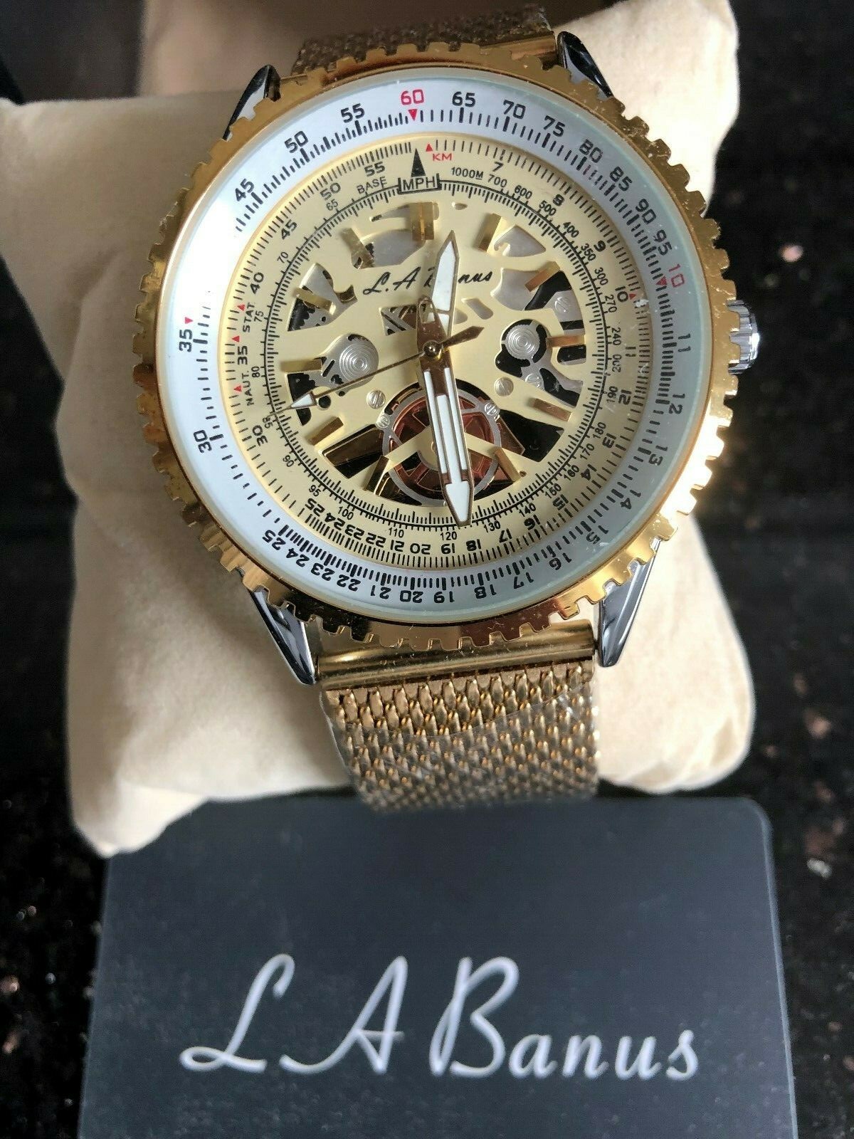 LA BANUS Men's SKELETON DIAL WATCH white face STEEL SHARK MESH STRAP in