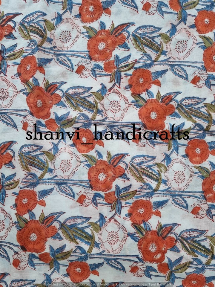 Beautiful Hand Block Printed Flower Fabric, Cotton Fabric, Indian