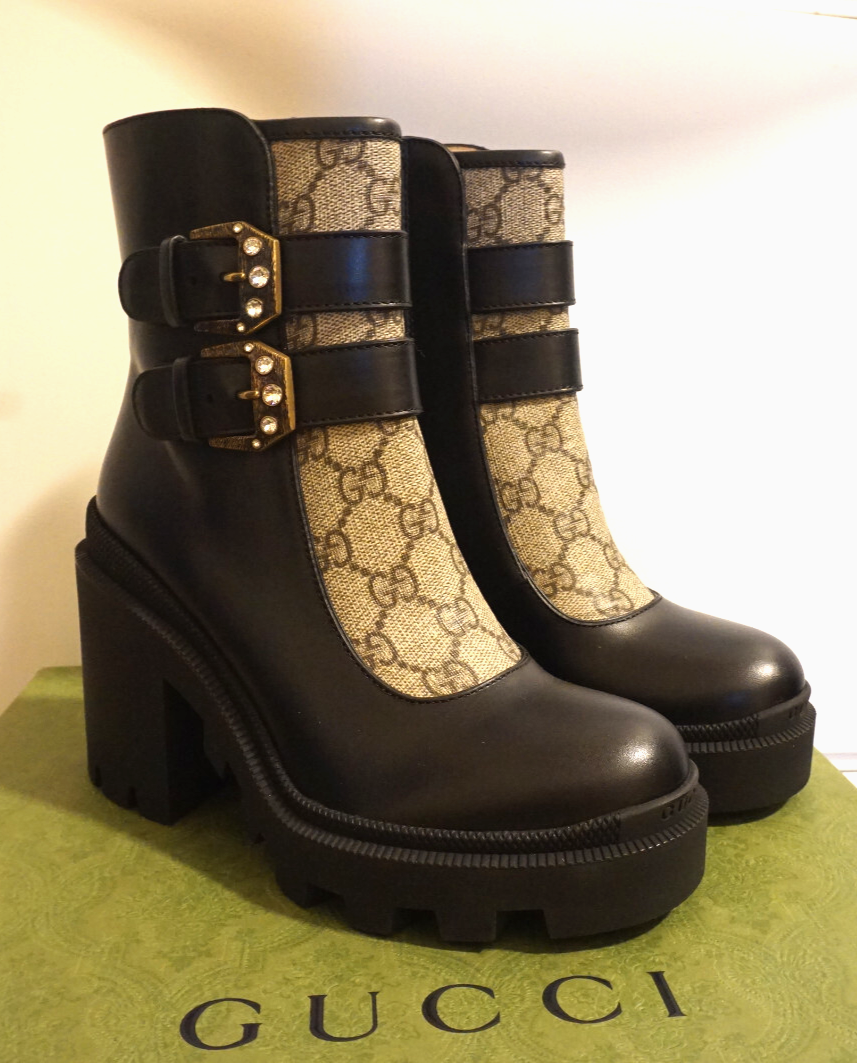 NEW GUCCI BOOTS GG CANVAS LEATHER ANKLE BOOTIES w CRYSTAL BUCKLE 34/