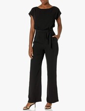 ELIZA J Black Blouson Cap Sleeve Belted Tie Waist Wide Leg Jumpsuit w/Pockets 4